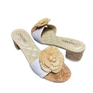 Chanel Bone CC Cork Straw Flower Sandals Mules